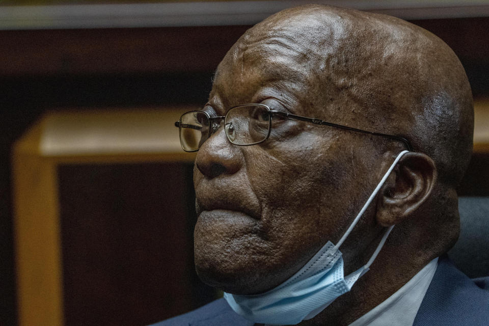 FILE - Former South African President Jacob Zuma sits in the High Court in Pietermaritzburg, South Africa, on Jan. 31, 2022. Zuma was briefly taken to prison Friday, Aug. 11 2023 and released to correctional supervision.(AP Photo/Jerome Delay, File)