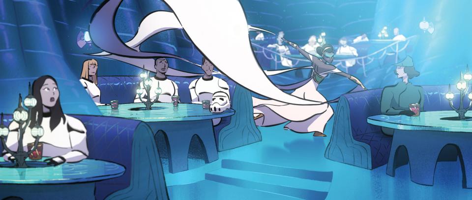 Making Star Wars Visions Volume 2; a female character in a white dress dances in a space bar