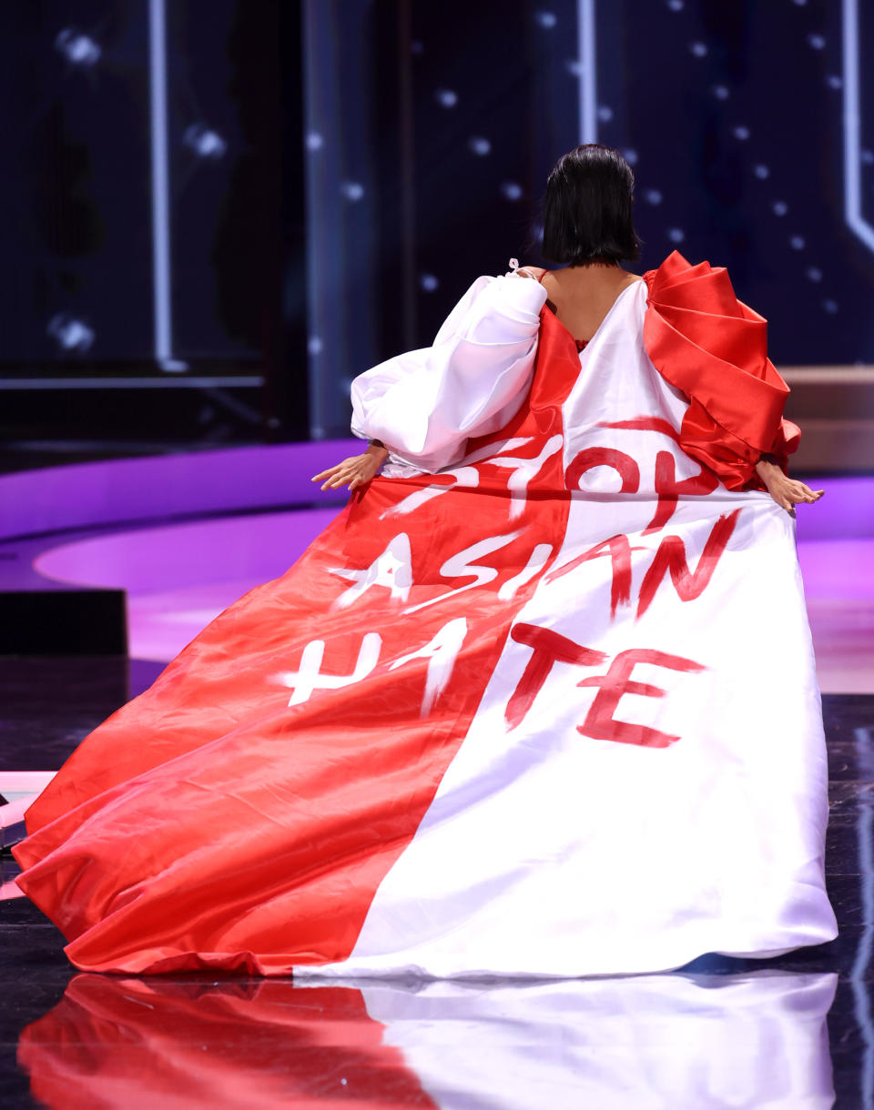 HOLLYWOOD, FLORIDA - MAY 13: Miss Universe Singapore Bernadette Belle Ong appears onstage at the Miss Universe 2021 - National Costume Show at Seminole Hard Rock Hotel & Casino on May 13, 2021 in Hollywood, Florida. (Photo by Rodrigo Varela/Getty Images)