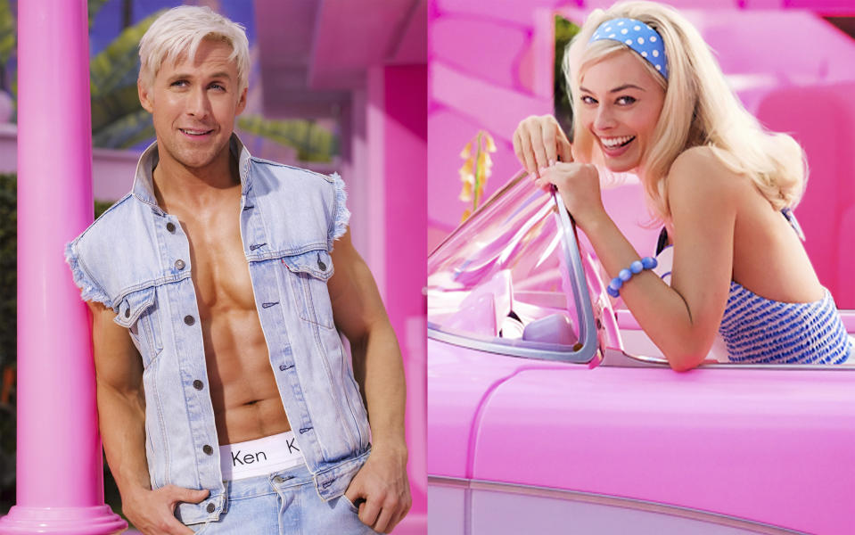 This image released by Warner Bros. Pictures shows Ryan Gosling as Ken, left, and Margo Robbie as Barbie in the upcoming film "Barbie." (Jaap Buitendijk/Warner Bros. Pictures via AP)