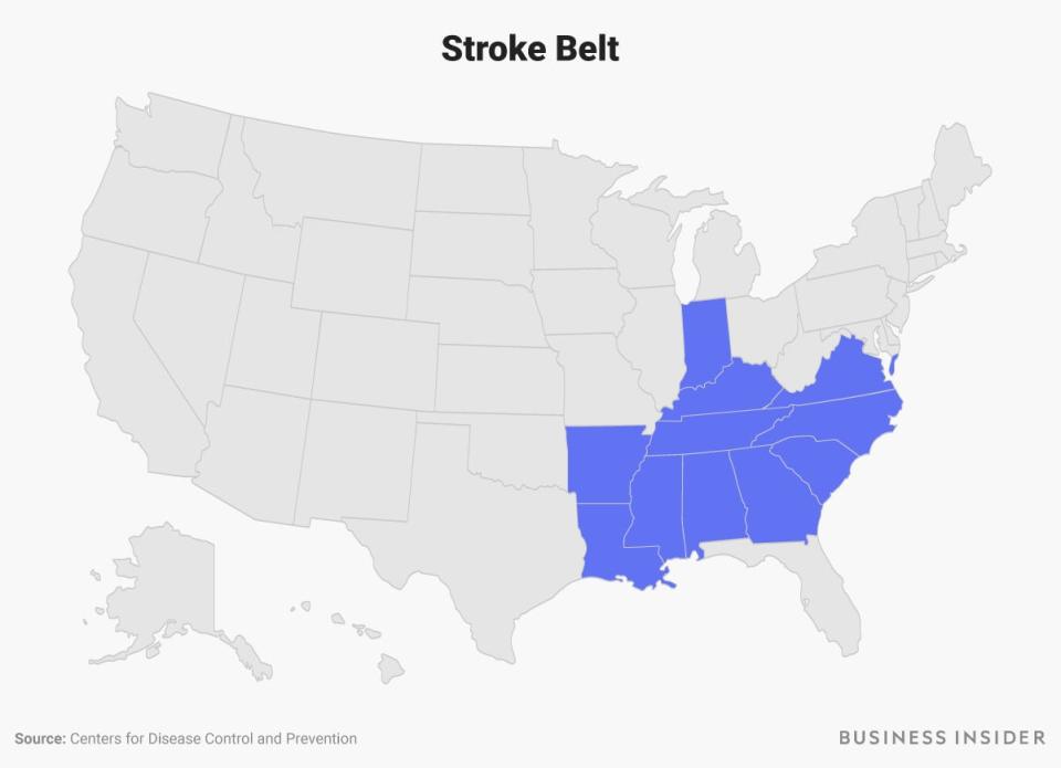 The Stroke Belt region is highlighted in blue on a US map.