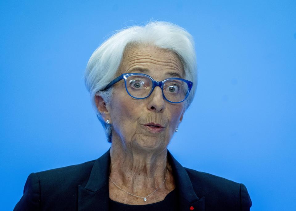 Christine Lagarde, President of the European Central Bank speaks during a press conference following a meeting of the governing council in Frankfurt, Germany, Thursday, July 21, 2022. (AP Photo/Michael Probst)