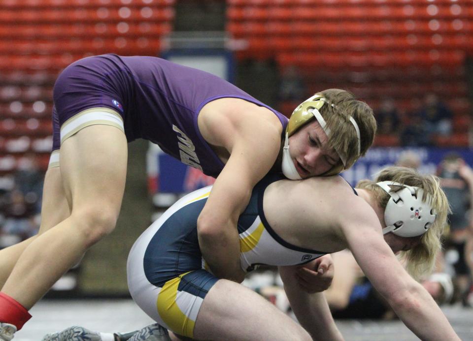 Fowlerville's Levi Baker scored a major decision over Gaylord's Ethan Eubanks at 132 pounds in the state Division 2 wrestling quarterfinals Friday, Feb. 24, 2023 at Wings Event Center.