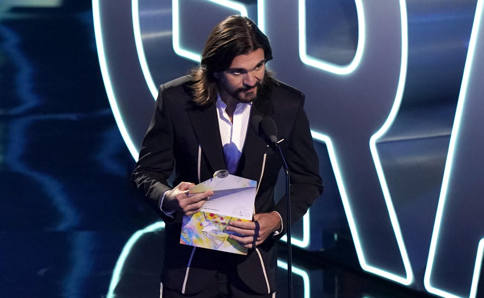 Juanes speaks at the 21st Latin Grammy Awards, airing on Thursday, Nov. 19, 2020, at American Airlines Arena in Miami. (AP Photo/Marta Lavandier)