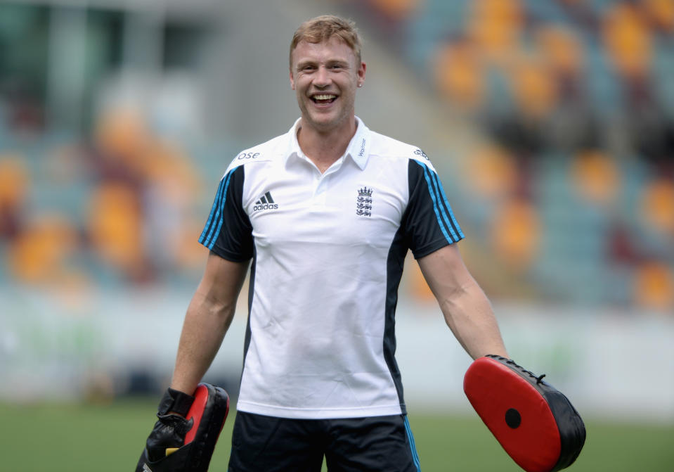 BRISBANE, AUSTRALIA - JANUARY 18:  Former England cricketer Andrew Flintoff smiles during a nets session at The Gabba on January 18, 2015 in Brisbane, Australia.  (Photo by Gareth Copley/Getty Images)