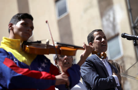 Venezuelan opposition leader Juan Guaido, who many nations have recognized as the country's rightful interim ruler, attends a rally to commemorate the Day of the Youth and to protest against Venezuelan President Nicolas Maduro's government in Caracas, Venezuela February 12, 2019. REUTERS/Andres Martinez Casares