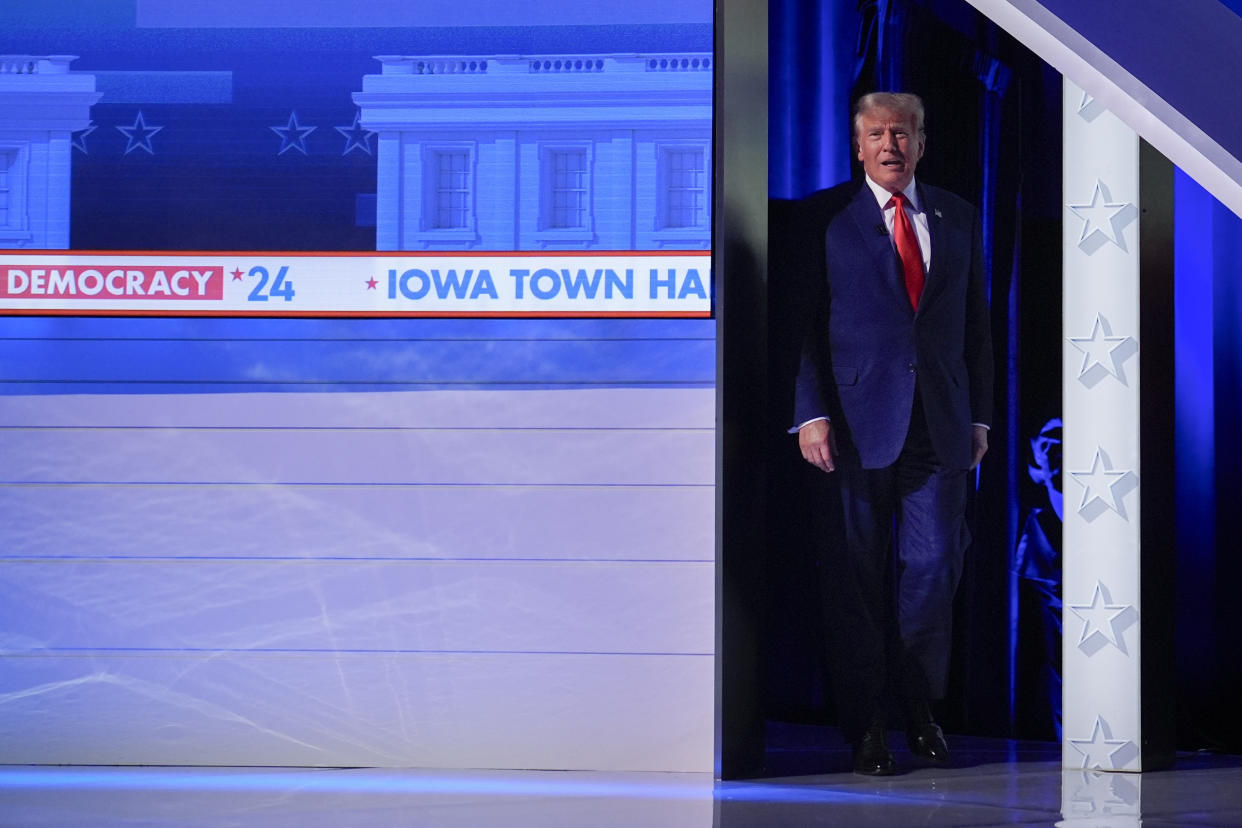 Former Republican presidential candidate Donald Trump arrives at a Fox News Channel town hall in Des Moines, Iowa, Wednesday, Jan. 10, 2024. (AP Photo/Carolyn Kaster)