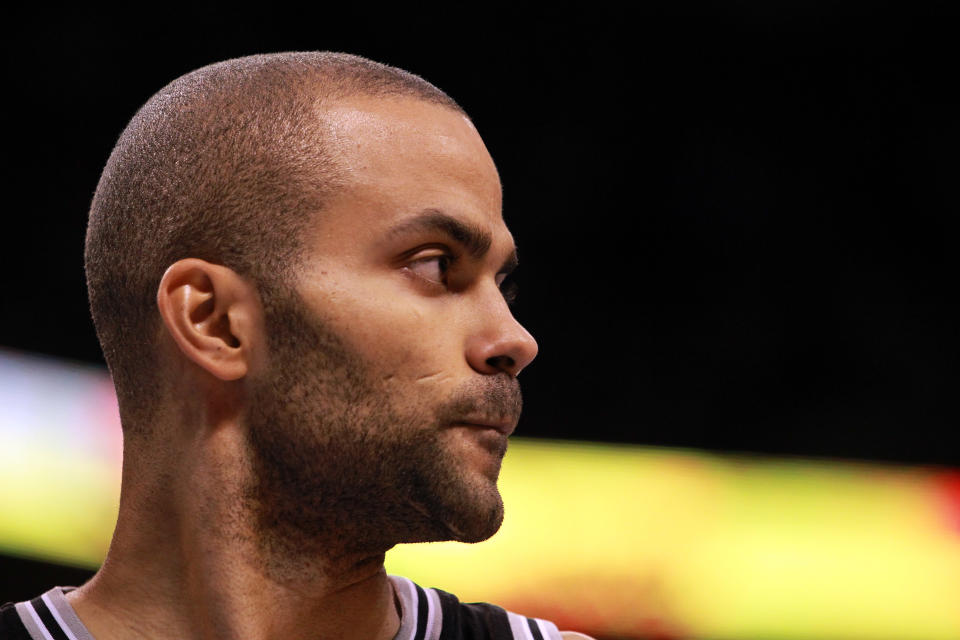OKLAHOMA CITY, OK - MAY 31: Tony Parker #9 of the San Antonio Spurs looks on in the second half while taking on the Oklahoma City Thunder in Game Five of the Western Conference Finals of the 2012 NBA Playoffs at Chesapeake Energy Arena on May 31, 2012 in Oklahoma City, Oklahoma. NOTE TO USER: User expressly acknowledges and agrees that, by downloading and or using this photograph, User is consenting to the terms and conditions of the Getty Images License Agreement. (Photo by Ronald Martinez/Getty Images)
