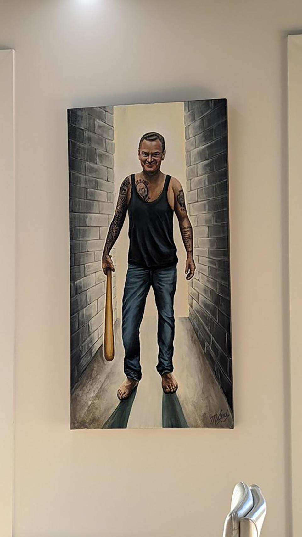 Painting of Christopher Pyne holding a baseball bat