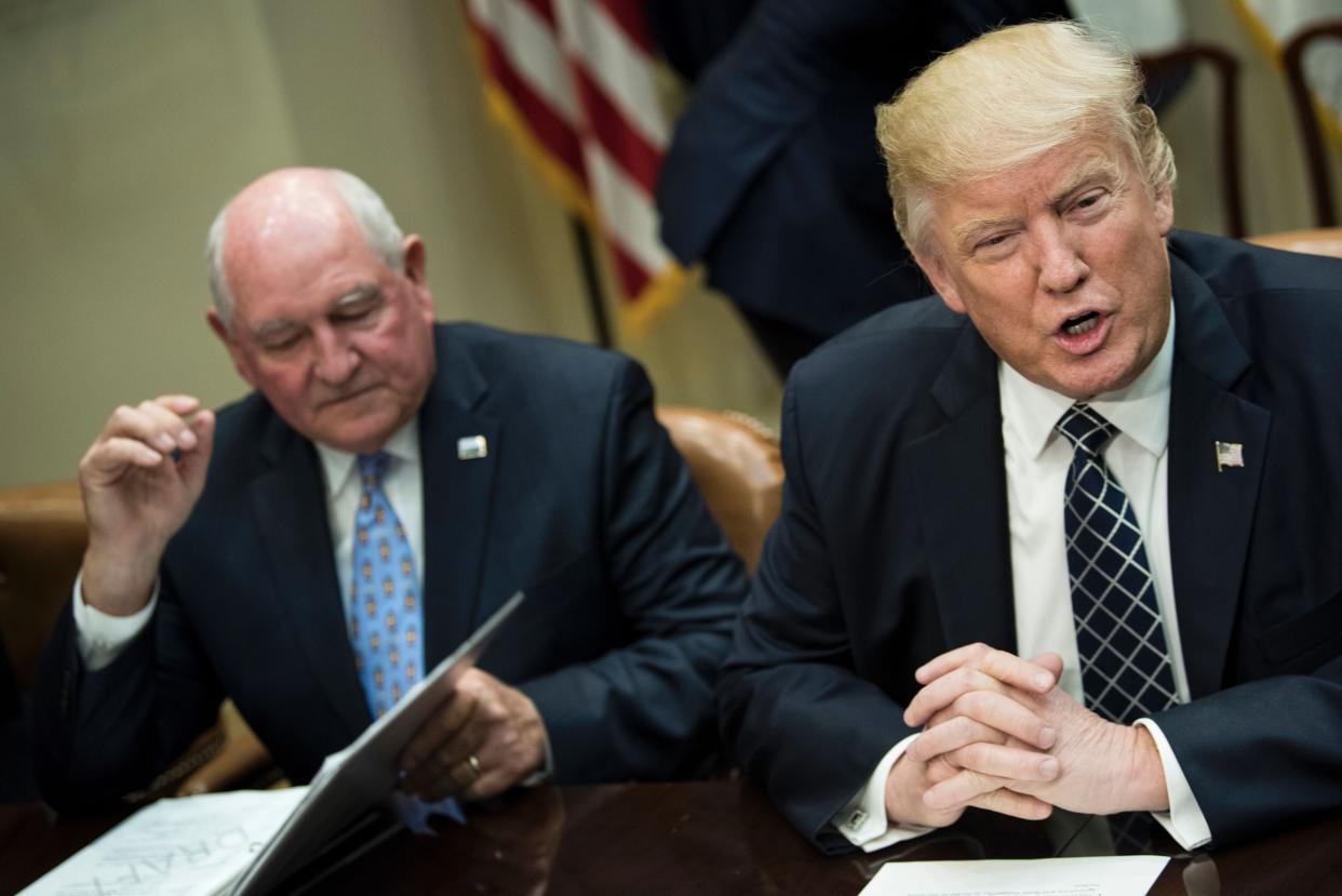 Trump with Agriculture Secretary Sonny Perdue. The USDA is scrapping a plan that would close nine job corps training sites and lay off 1,000 workers. (Photo: BRENDAN SMIALOWSKI via Getty Images)