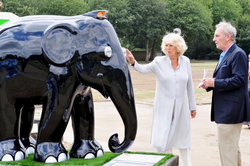 Camilla, Duchess of Cornwall is shown an elephant sculpture designed in the style of a London taxi, as she is escorted around the Elephant Parade exhibition at Chelsea Hospital Gardens by her brother, Mark Shand (R) on June 24, 2010 (Getty Images)