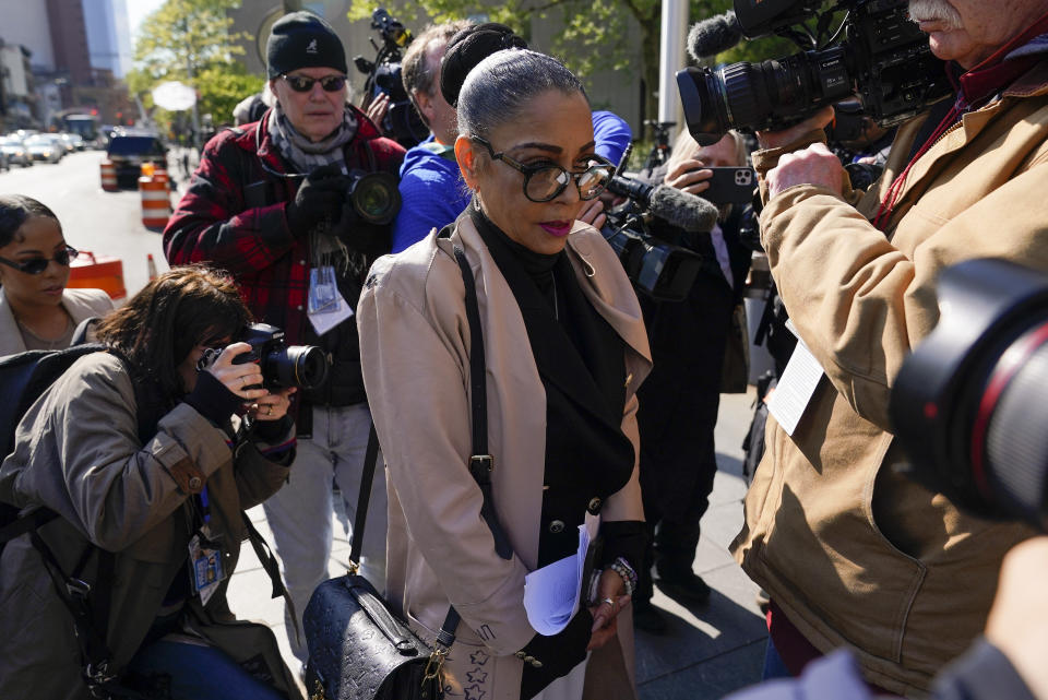 Kathryn Townsend Griffin, daughter of singer and songwriter Ed Townsend, arrives at New York Federal Court before the start of a copyright infringement trial against singer Ed Sheeran, Tuesday, April 25, 2023, in New York. (AP Photo/Seth Wenig)