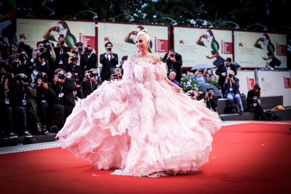 Lady Gaga posing on the red carpet for the 75th Venice Film Festival. (Getty Images)