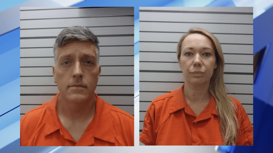 Mugshots of Jon and Carie Hallford on KFOR background