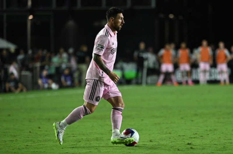 Striker Lionel Messi appeared to sustain a leg injury and left the field in the first half of Inter Miami's 4-0 win over Toronto FC on Wednesday at DRV PNK Stadium in Fort Lauderdale, Fla. File Photo by Larry Marano/UPI