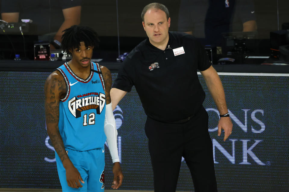 Memphis Grizzlies rookie Ja Morant and head coach Taylor Jenkins