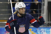 Brianna Decker of the United States celebrates her goal against Sweden during the third period of the 2014 Winter Olympics women's semifinal ice hockey game at Shayba Arena, Monday, Feb. 17, 2014, in Sochi, Russia. (AP Photo/Petr David Josek)