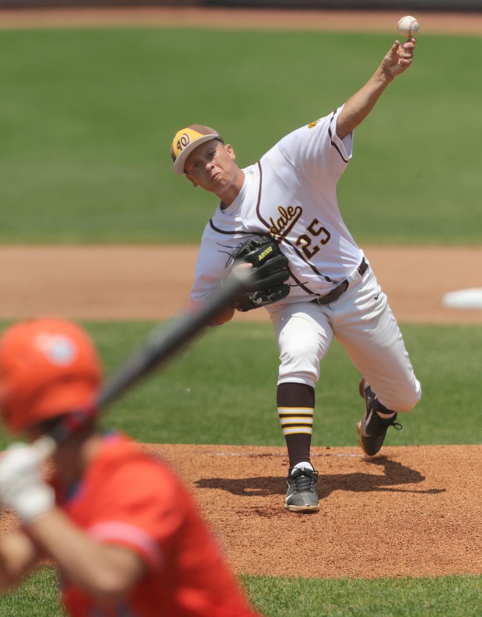 Waynedale's Otto Solorzano throws a first inning pitch against Milan Edison in a Division III  State Championship game on Saturday, June 11, 2022 in Akron, Ohio, at Canal Park.