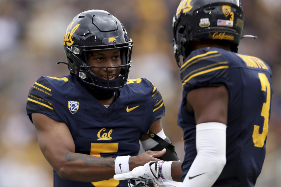 California wide receiver Jeremiah Hunter (3) celebrates with teammate Sam Jackson V (5) after scoring a touchdown against Arizona State during the second half of an NCAA college football game in Berkeley, Calif., Saturday, Sept. 30, 2023. (AP Photo/Jed Jacobsohn)