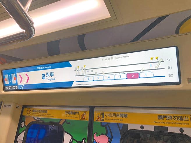 台北捷運公司打造全台首部以BOT案發包的「Smart Display Metro數位列車」，車廂螢幕新增車廂節數、出口資訊及手扶梯位置。（黃婉婷攝）