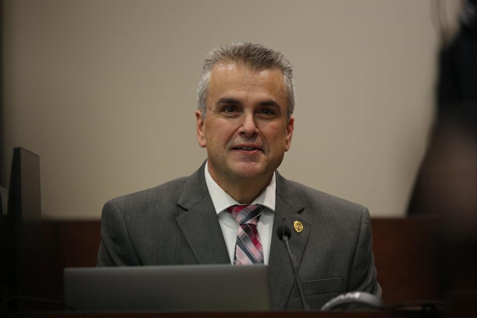 Tallahassee Police Sgt. Chris Corbitt testifies about phone records that trail Adelson and the three convicted hitmen, Oct. 30, 2023.