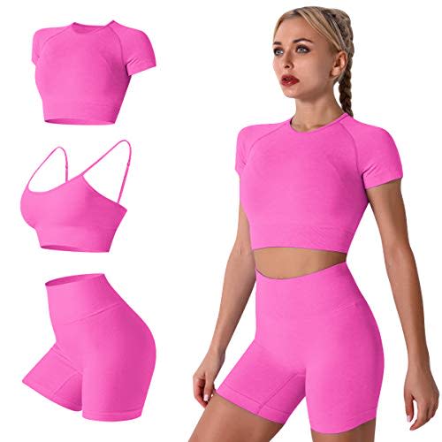 Women's Seamless Yoga Outfits 3 Pieces Workout Short Sleeve Crop Top + Camisole Tank Sports Bra + High Waisted Running Shorts Sets Activewear Athletic Fitness Tracksuit Gym Clothes Hot Pink Medium