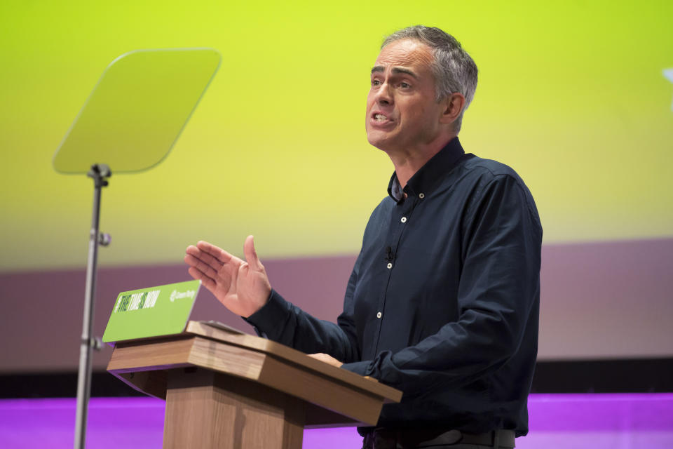 NEWPORT, WALES - OCTOBER 04: Green Party co-leader Jonathan Bartley speaks during the Green Party Autumn Conference on October 4, 2019 in Newport, Wales. The Green Party gained nearly 200 new councillors during the local elections in May, taking the number to 362 councillors on 122 councils, and saw its number of MEPs rise from three to seven. The party opposes Brexit and supports a second referendum. (Photo by Matthew Horwood/Getty Images)