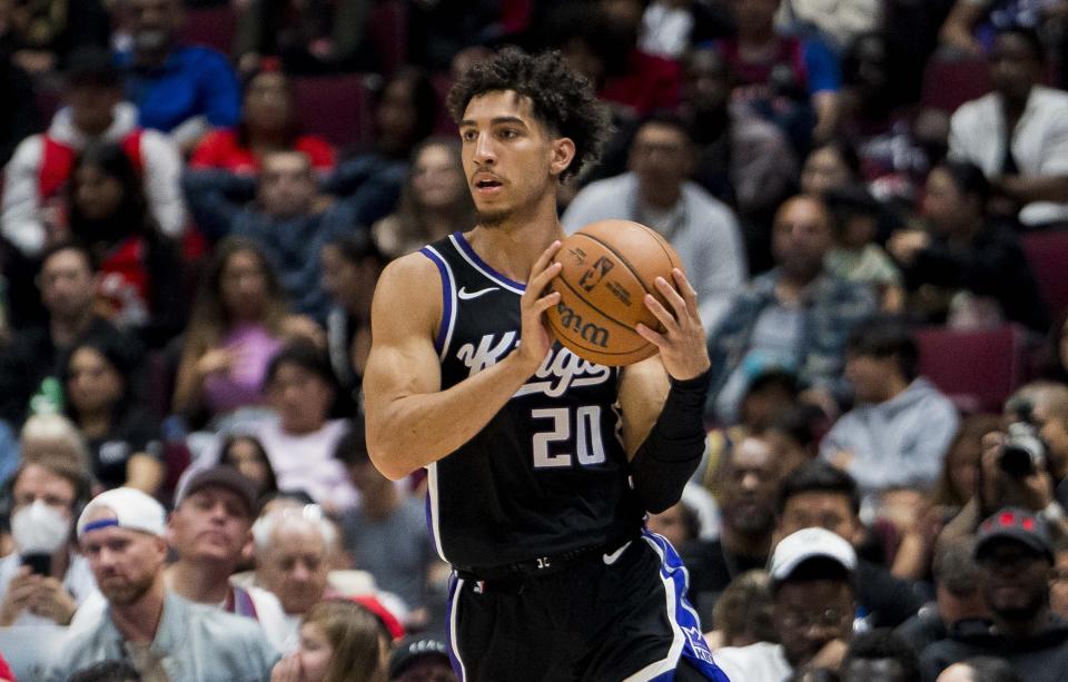 Sacramento Kings guard Colby Jones scored his first NBA points in a 102-101 road loss to the Golden State Warriors on Nov. 1, 2023.