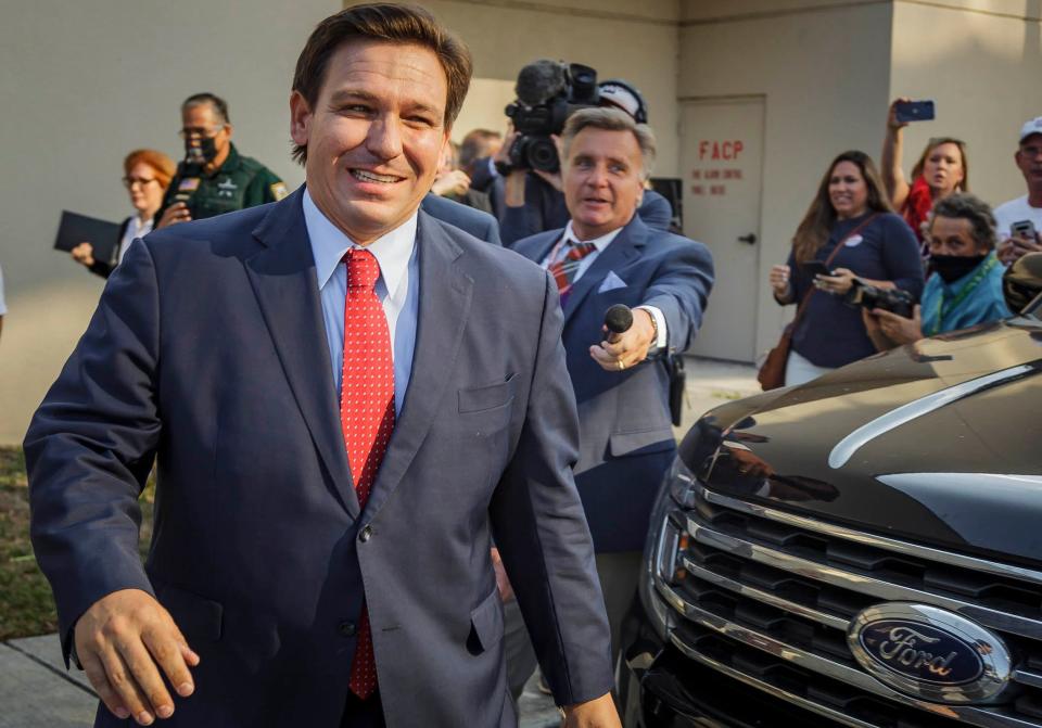 Gov. Ron DeSantis, seen here walking away from reporters in West Palm Beach in 2021, has pushed school prayer legislation.