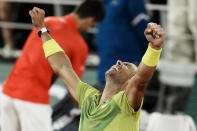 Spain's Rafael Nadal reacts after defeating Serbia's Novak Djokovic in their quarterfinal match of the French Open tennis tournament at the Roland Garros stadium Tuesday, May 31, 2022 in Paris. Nadal won 6-2, 4-6, 6-2, 7-6. (AP Photo/Thibault Camus)