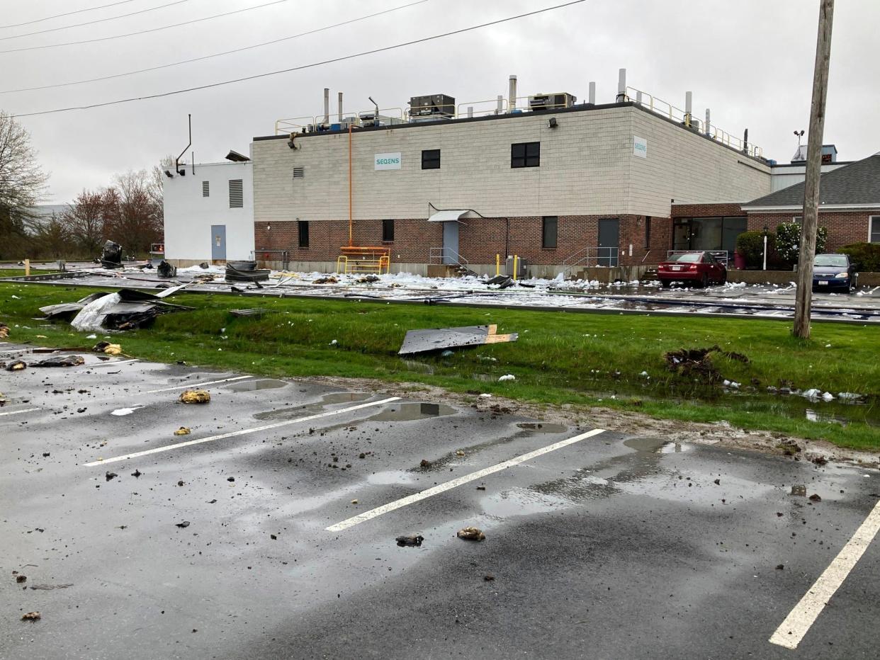 A vat that was once inside a Newburyport, Mass. pharmaceutical plant was hurled into the parking lot by an explosion on Thursday, May 4, 2023.