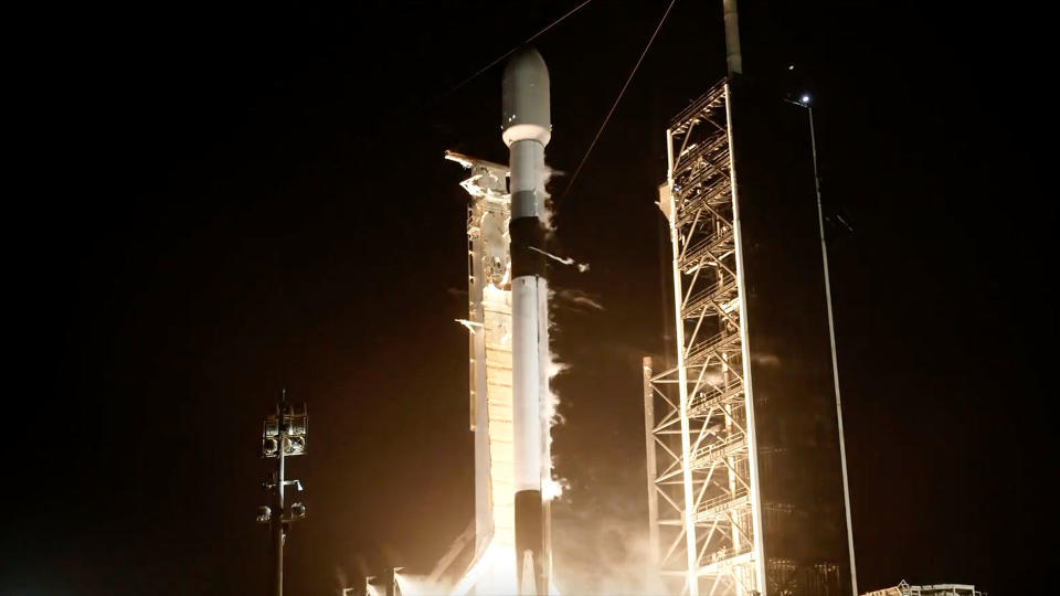 A SpaceX Falcon 9 rocket carrying a European Commission Galileo satellite lifts off from NASA's Kennedy Space Center in Florida on Saturday, April 27, 2024.