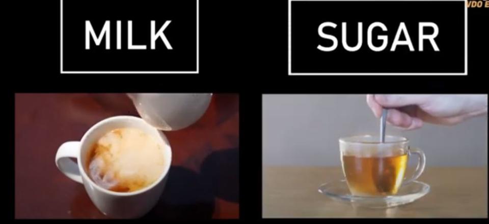 當面前有牛奶、糖和茶時，先後倒入順序相當重要，首先要先將茶倒進茶杯，接著加糖，最後才是加入糖和牛奶。（圖／翻攝自影片）