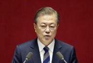 South Korean President Moon Jae-in delivers his speech on the government's 2019 budget proposal during a plenary session at the National Assembly in Seoul, South Korea, Thursday, Nov. 1, 2018. President Moon said Thursday that North Korean leader Kim Jong Un will “soon” visit Seoul as part of a flurry of high-profile diplomacy aimed at ridding North Korea of its nuclear weapons. (Kim Hong-Ji/Pool Photo via AP)