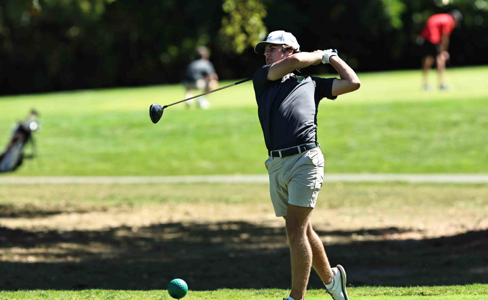 Little Miami's Jake Wittenauer tees off at the Best of the West at Miami Whitewater Golf Course Sunday, Sept. 24, 2023.