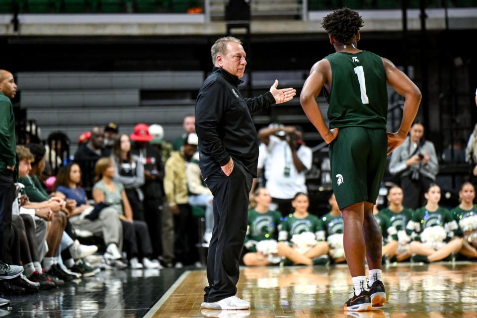 MSU coach Tom Izzo, left, talks with Jeremy Fears during the Michigan State Madness event on Friday, Oct. 4, 2024, at the Breslin Center in East Lansing.