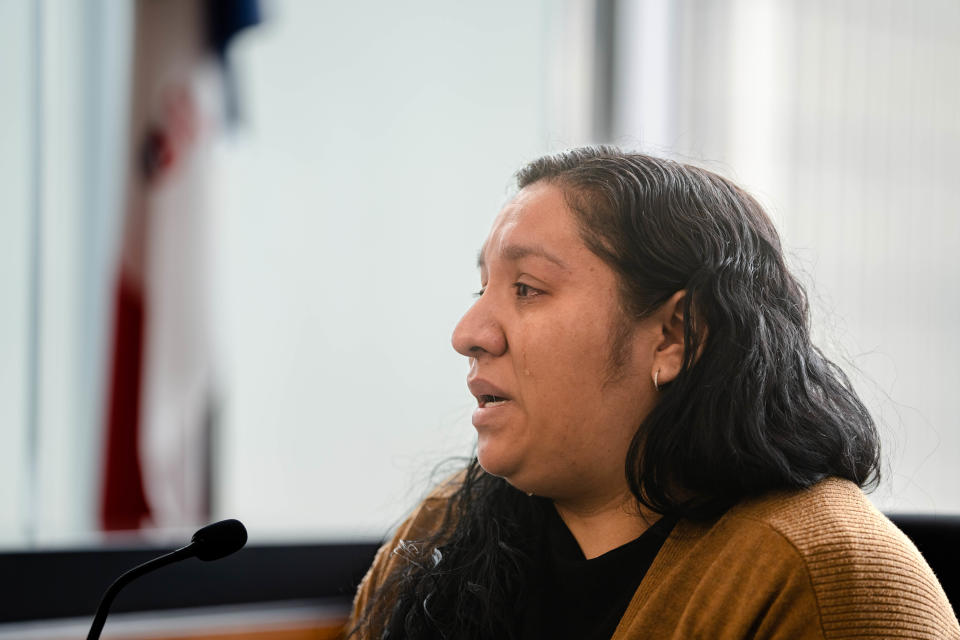 Deborha Perez, mother of Jose David Lopez, the 15-year-old killed in the March 2022 shooting outside East High School, gives a victim impact statement during the sentencing hearing for Romeo Perdomo on Feb. 21, 2023.