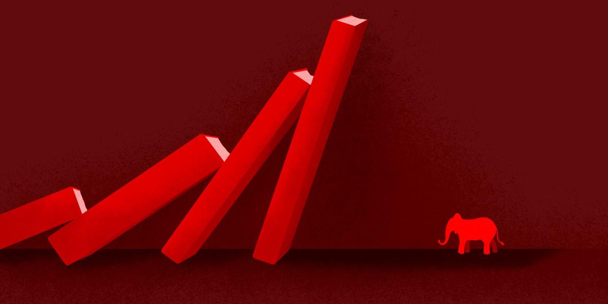 An illustration of a row of red books tip over like dominos that are about to fall on a small red elephant.