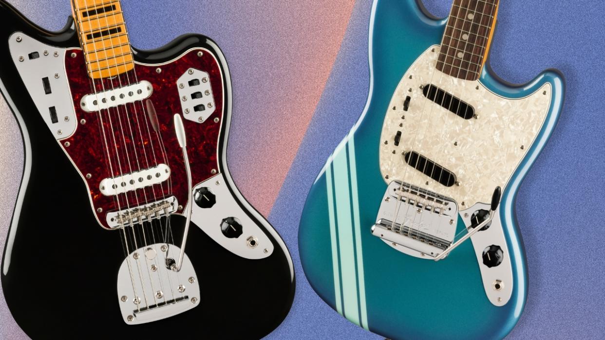  A Fender Jaguar and Fender Mustang on a gradient background. 