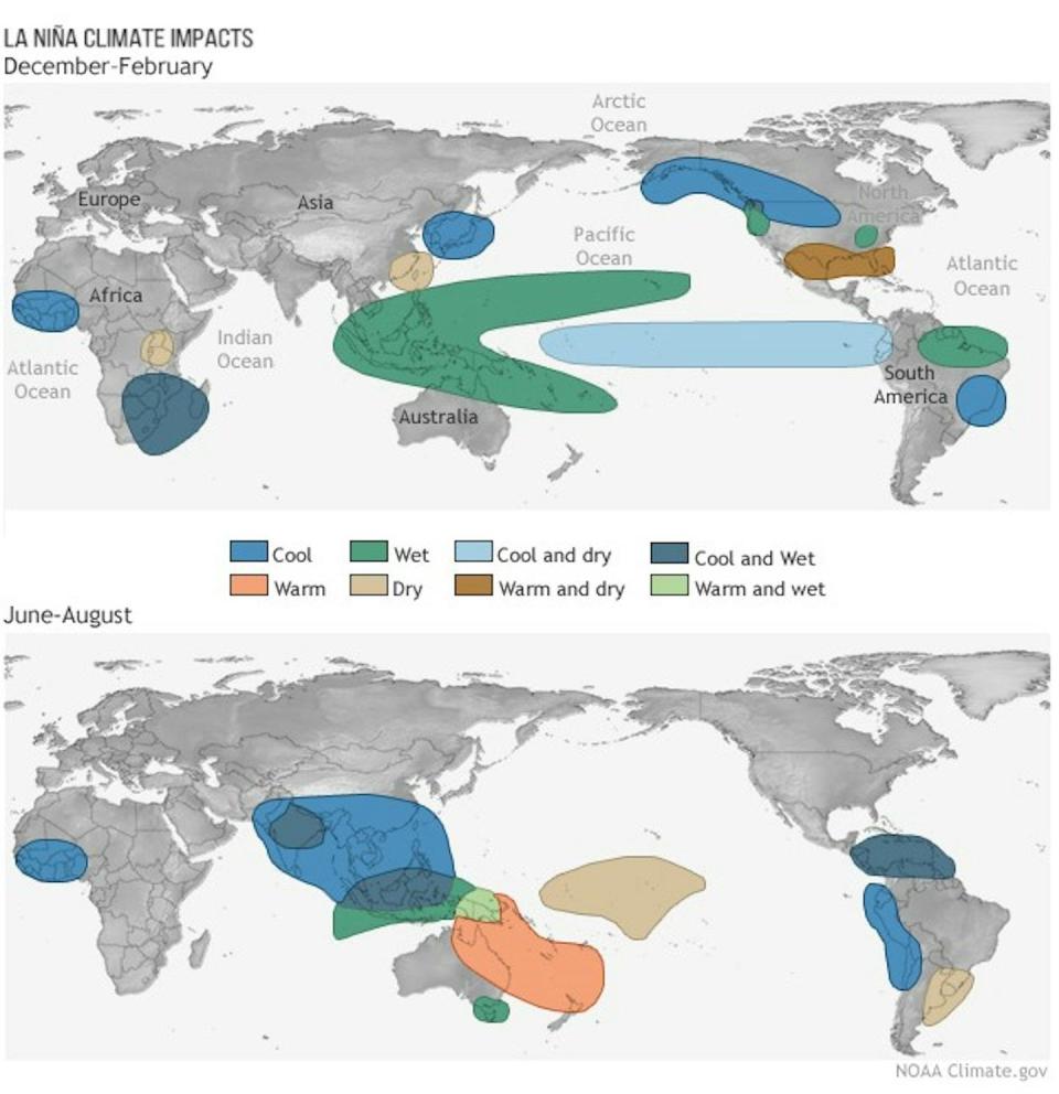 A global map shows where areas are likely to be warmer, drier or wetter during La Nina.