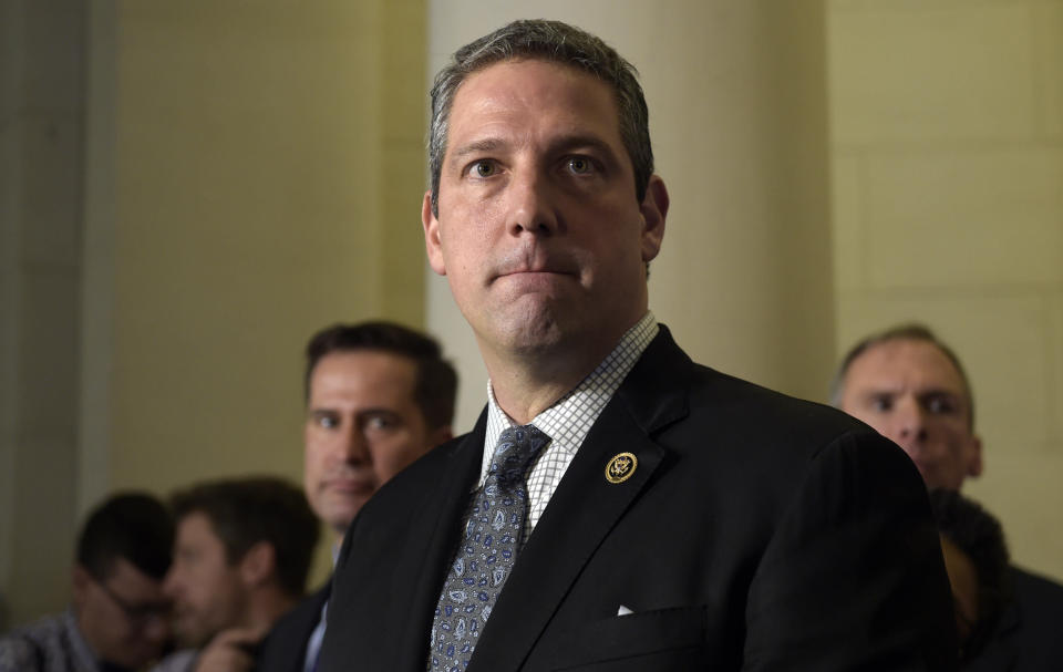 Rep. Tim Ryan, D-Ohio, listens to a reporter's question following the House Democratic Caucus elections on Capitol Hill in Washington, Wednesday, Nov. 30, 2016, for House leadership positions. Ryan challenged House Minority Leader Nancy Pelosi of Calif., but lost, 134-63. (AP Photo/Susan Walsh)