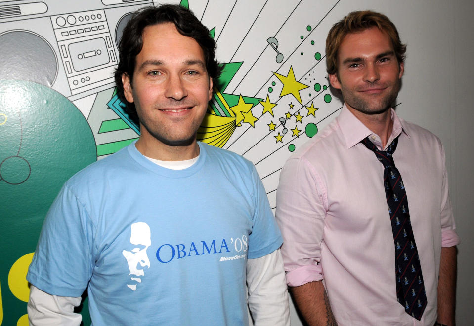 Actors Paul Rudd and Sean William Scott visit MTV in New York City in 2008. (Photo: Bryan Bedder/Getty Images)