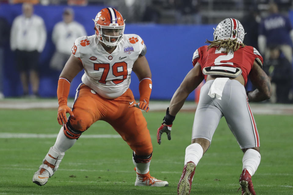 Clemson offensive tackle Jackson Carman (79) had some good reps in the 2019 playoff game vs. Ohio State's Chase Young. (AP Photo/Rick Scuteri).