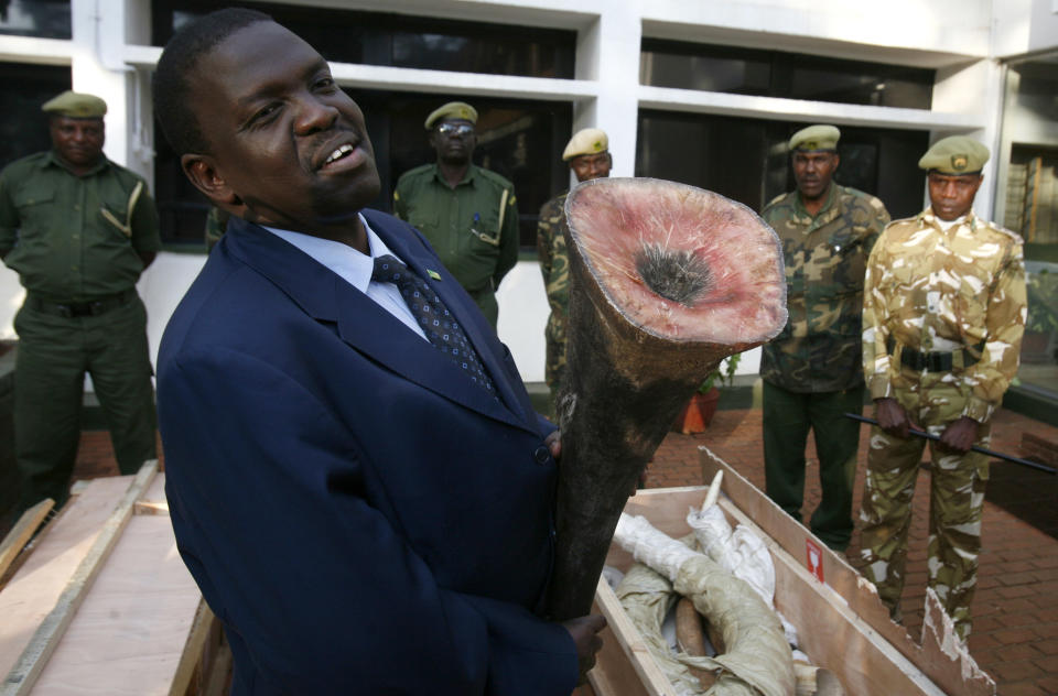 Kenya Wildlife Service (KWS) director Julius Kipng'etich displays a rhino horn intercepted at the Jomo Kenyatta international airport in the capital Nairobi, July 14, 2009. The smuggled consignment of 16 raw elephant ivory weighing 280kg and 2 fresh rhino horns weighing 18kgs and valued at over 1 million dollars was on transit from Mozambique capital Maputo to Laos, one of East Asia's poorest countries.  REUTERS/Thomas Mukoya (KENYA CRIME LAW ANIMALS ENVIRONMENT IMAGES OF THE DAY)