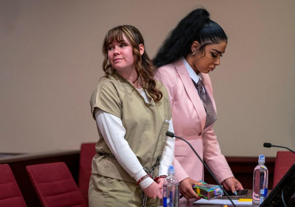 PHOTO: Hannah Gutierrez-Reed (L), the former armorer at the movie Rust, attends her sentencing hearing at the First Judicial District Courthouse in Santa Fe, New Mexico, April 15, 2024. (Eddie Moore/Journal/POOL/AFP via Getty Images)