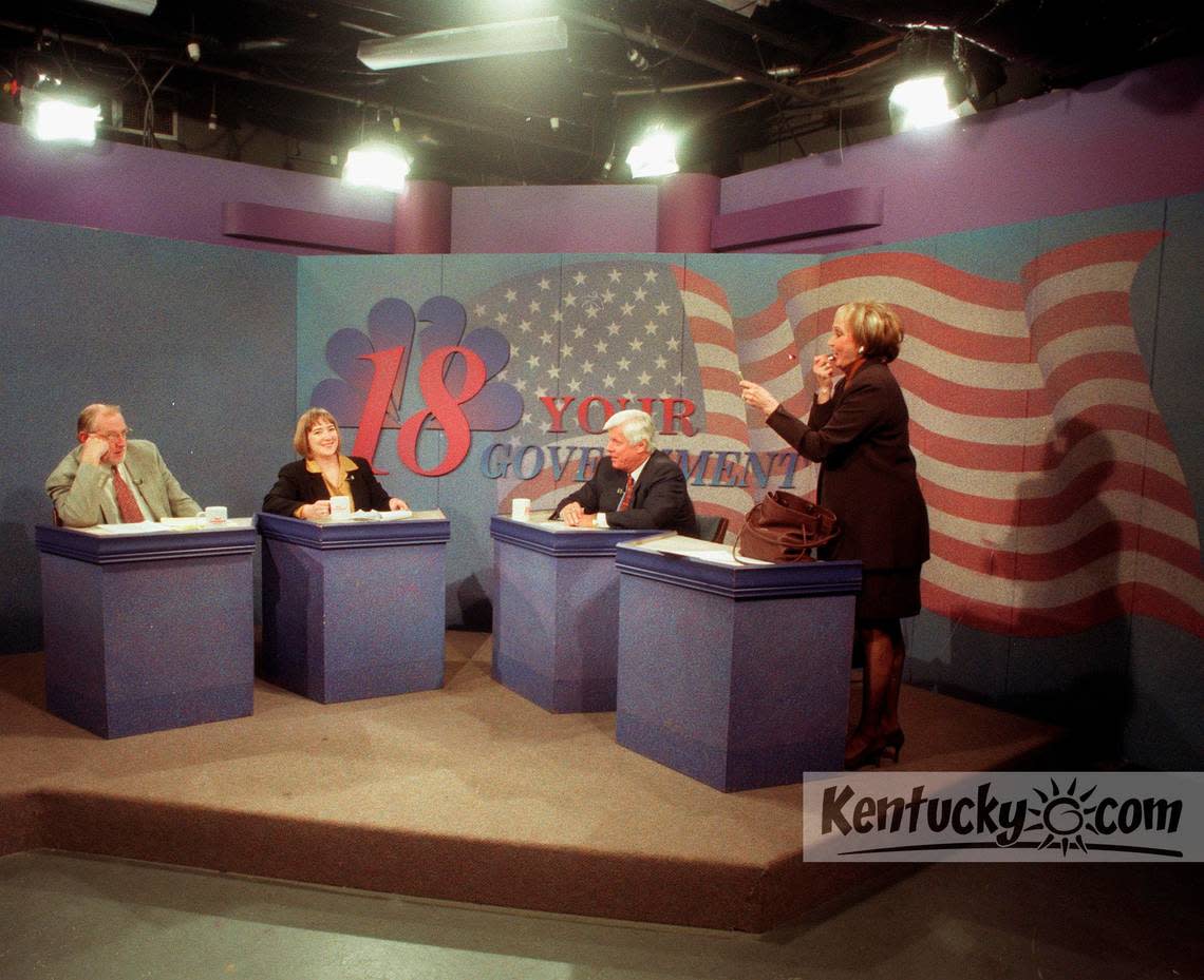 Sue Wylie during taping of “Your Government” program on Friday, Dec. 12, 1997 in Lexington Kentucky at the Channel 18 TV studios. She is retiring after 30 years with the station. Here she is shown applying last second make-up before taping began. Photo by Frank Anderson | Staff Herald-Leader