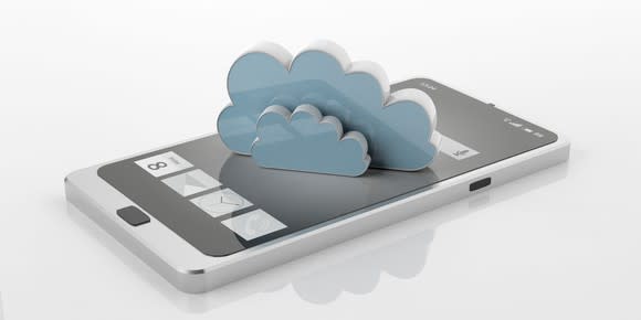 A generic smartphone and some cartoonish clouds