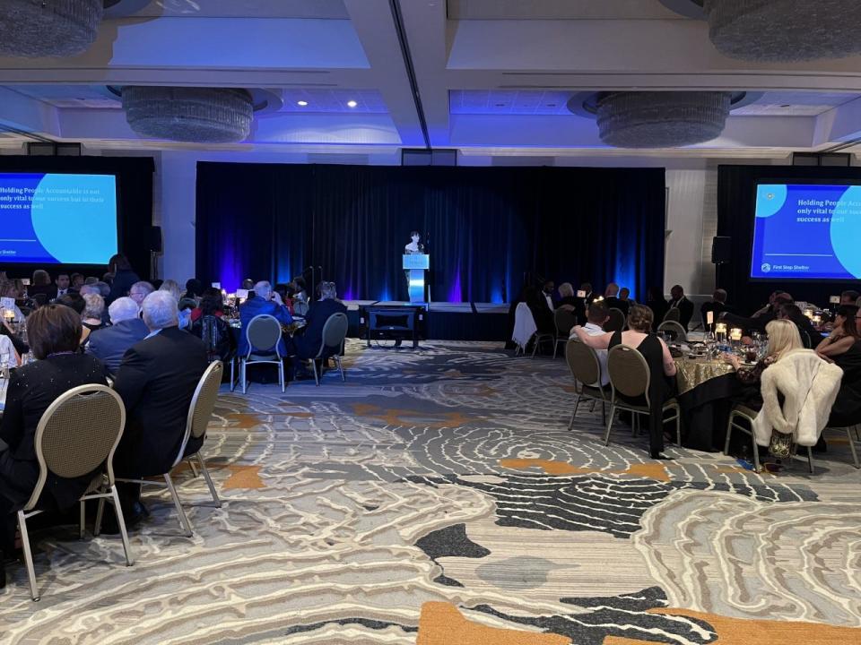 First Step Shelter Executive Director Victoria Fahlberg spoke to the roughly 400 people gathered in February for the homeless shelter's first large gala fundraiser.