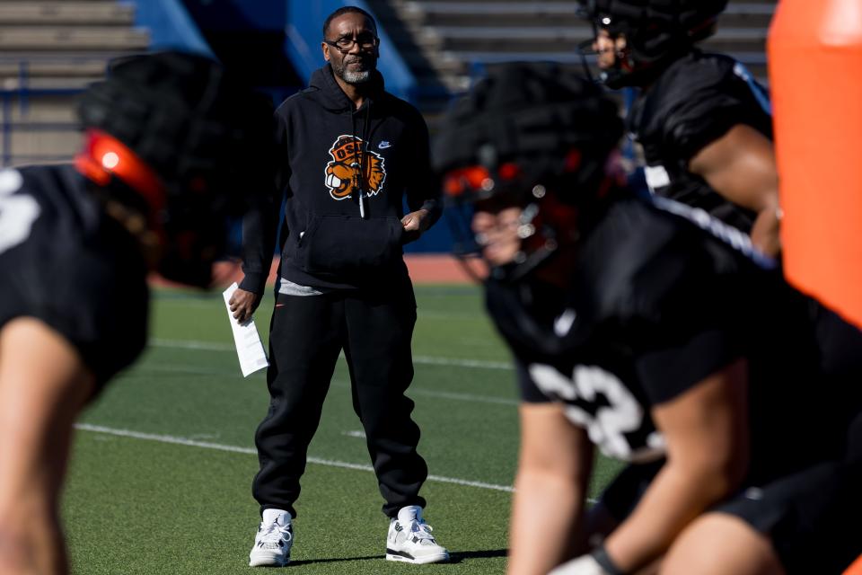 Oregon State football interim coach Kefense Hynson at practice at the Eastwood High School on Tuesday, Dec. 26, 2023, as they prepare for the Tony the Tiger Sun Bowl against Norte Dame.