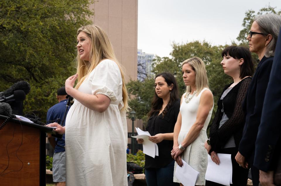 Anna Zargarian, Amanda Zurawski and Lauren Hall listen Tuesday to fellow plaintiff Lauren Miller share her story in front of the Capitol as the women and the Center for Reproductive Rights announced their lawsuit, which asks for clarity in Texas law as to when abortions can be provided under the "medical emergency" exception.